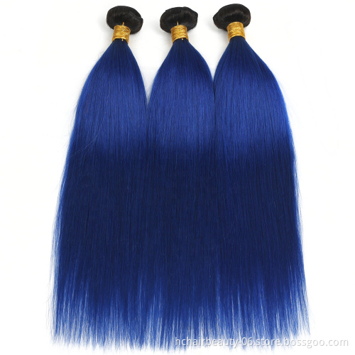 Pre-Colored 2 Tone Blue Brazilian Hair Weave Bundles Straight Ombre 3 Bundles T1B/Blue Dark Roots Human Hair Extensions Remy